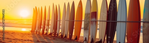Surfboard on the beach at sunset - panoramic banner. Surfboards on the beach. Vacation Concept with Copy Space.