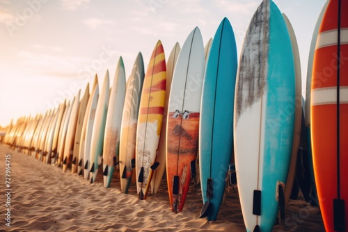 Surfboards on the beach at sunset time - Vintage filter effect. Surfboards on the beach. Vacation Concept with Copy Space. #727964715