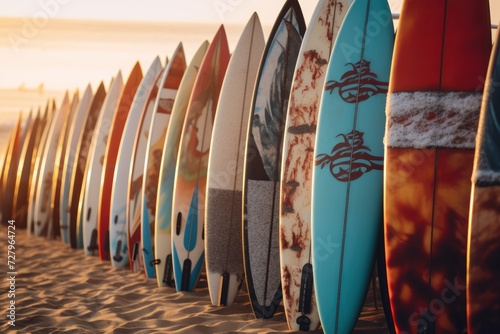 Surfboards on the beach at sunset time - Vintage filter effect. Surfboards on the beach. Vacation Concept with Copy Space. #727964724