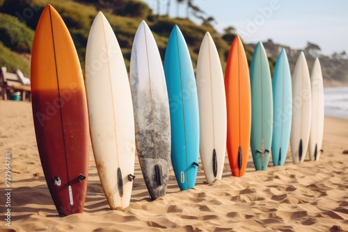 Surfboards on the beach at sunset time - Vintage filter effect. Surfboards on the beach. Vacation Concept with Copy Space.