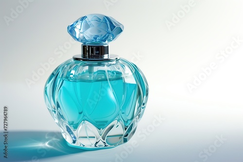 Elegant blue perfume bottle on white background