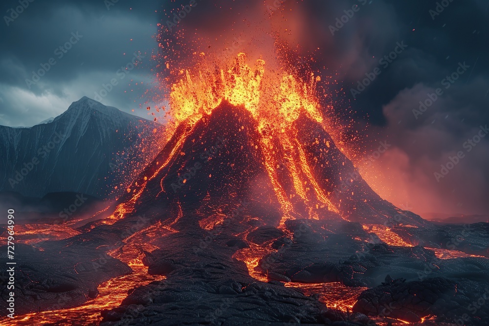 Volcano lava erupting with ash