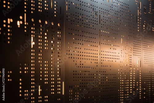 Metal Wall With Holes, Industrial Structure Background for Design and Construction, Sleek metallic panel with lighted perforations revealing circuits, AI Generated photo