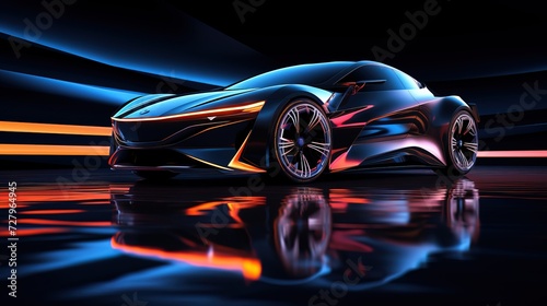 Futuristic car in neon light against the background of a cyber city with bright lights. Automotive innovations and technological concepts © Larisa