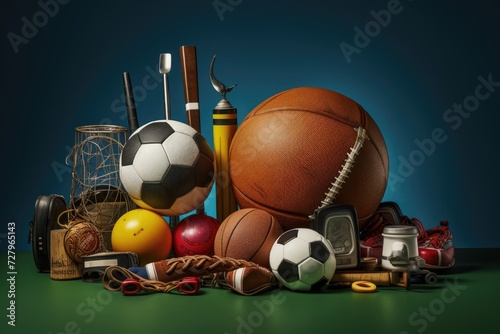 A diverse assortment of sports equipment, including gear for different sports, neatly stacked in a pile, Sports Equipment, AI Generated