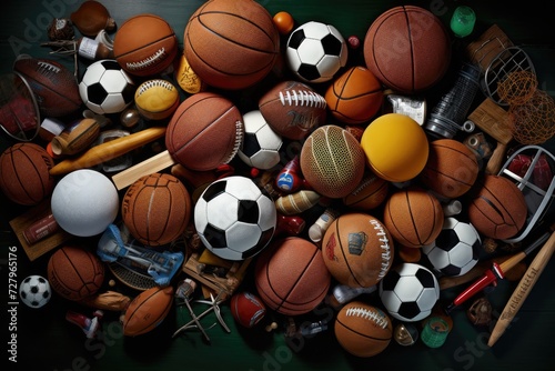 A pile of various types of sports balls, ready to be used for play, recreation, and enjoyment, Sports Equipment, AI Generated photo