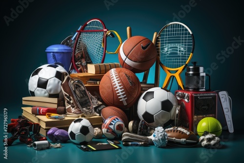 A pile of various sports items  including a basketball  soccer ball  baseball  and tennis racket  arranged on a table  Sports Equipment  AI Generated