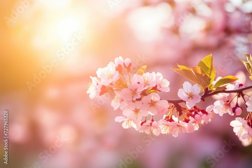 Branch of Cherry Tree With Pink Flowers, Spring blossom background Nature scene with blooming tree and sun flare, AI Generated
