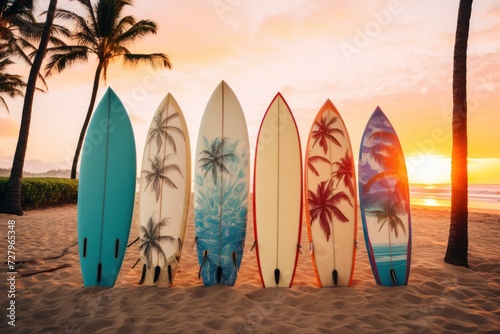 Surfboards on the beach at sunset time - Vintage filter effect. Surfboards on the beach. Vacation Concept with Copy Space. #727965348