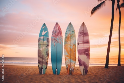 Surfboards on the beach at sunset. Vintage filter effect. Surfboards on the beach. Vacation Concept with Copy Space. © John Martin