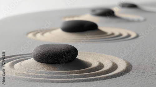 A peaceful Zen garden with smooth stones and raked sand on a soft grey background.
