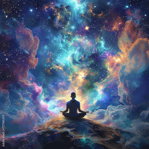 A person meditating in a space nebula, reaching enlightenment