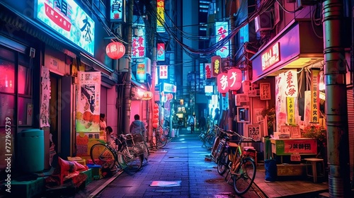 Busy alleyway of Tokyo, neon lights. Generative AI