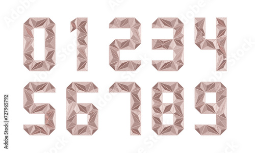 Low Poly 3D Numbers 1 to 9 in Hammered copper