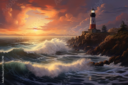 An intricately painted image showcasing a solitary lighthouse surrounded by the endless ocean waves, Sunset view of a lighthouse on a rocky cliff, with crashing waves below, AI Generated