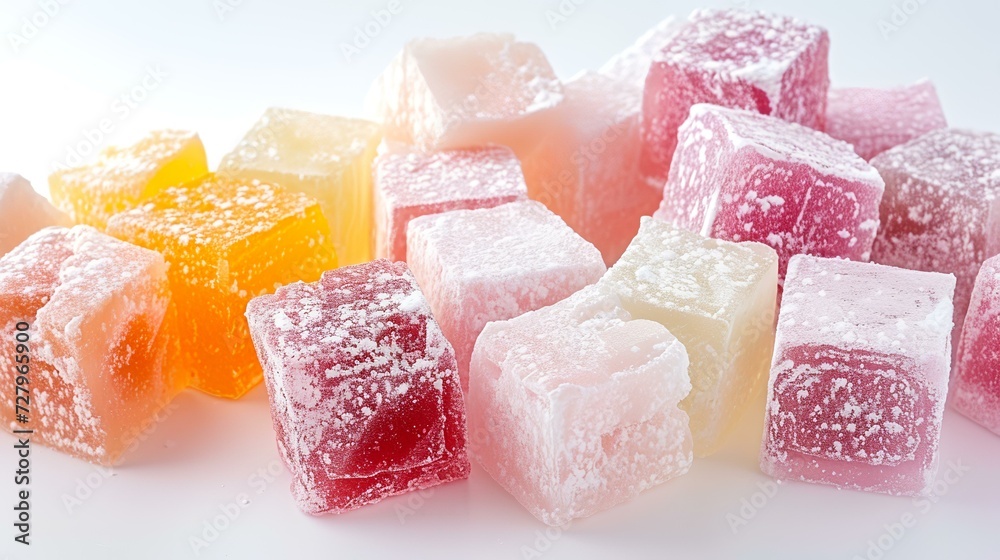 Colorful Turkish delight on a white background. Selective focus. Toned. - obrazy, fototapety, plakaty 