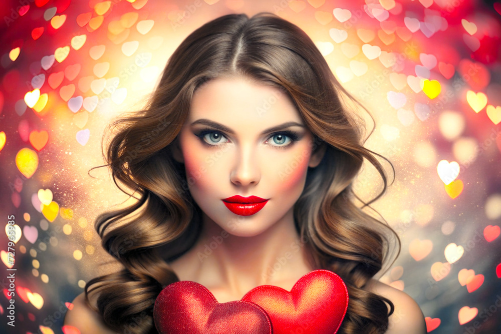 Beautiful girl poses with red roses flower and love heart shape with colorful lighting effect background. Beautiful girl poses with red roses flower and love heart shape with colorful lighting effect background.