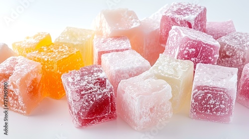 Colorful Turkish delight on a white background. Selective focus. Toned.