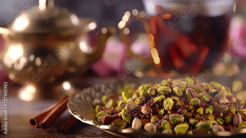 Pistachio nuts on a plate on a dark background.