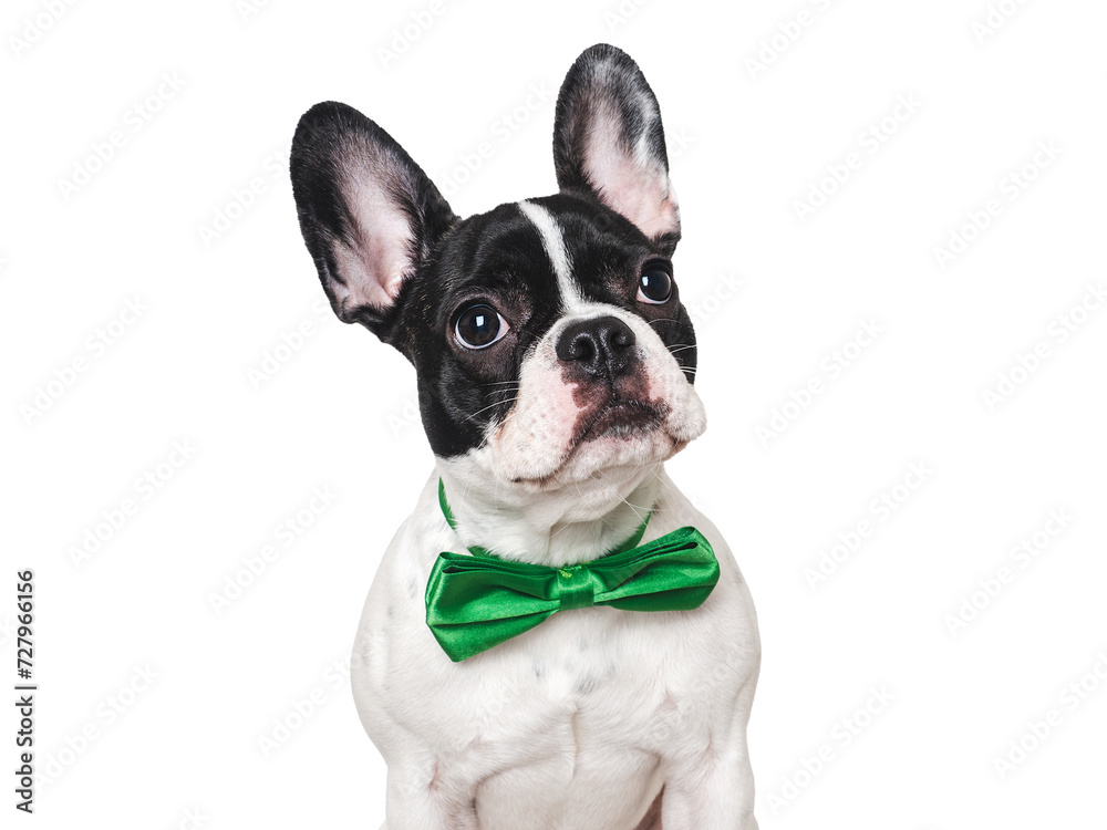 Cute puppy and green bow tie. Close-up, indoors. Concept of beauty and fashion. Studio shot, isolated background. Congratulations for family, loved ones, relatives, friends and colleagues. Pets care