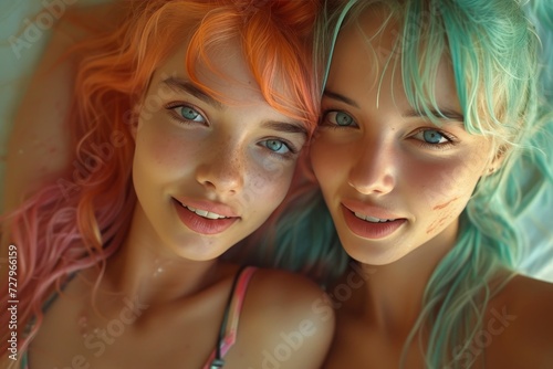 Vibrant and confident, two women with uniquely colored hair showcase their individuality and style through a captivating portrait that exudes femininity and artistic expression