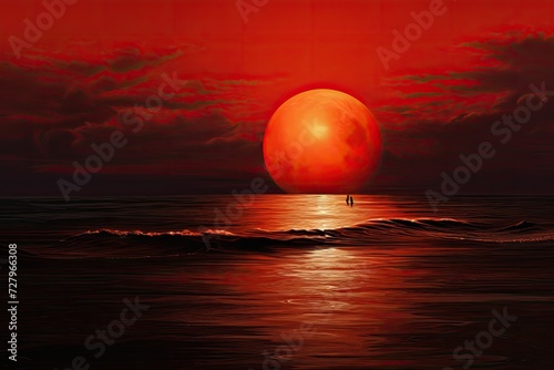 an orange sun is setting behind a beach