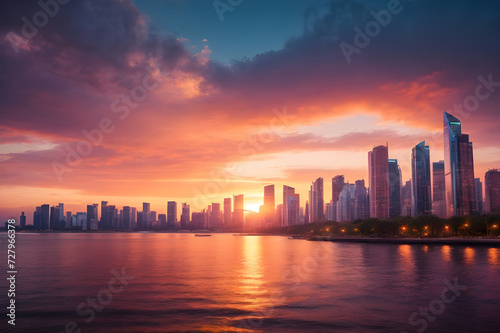 Dramatic sunset view of the iconic skyline with river. Ai Generated.