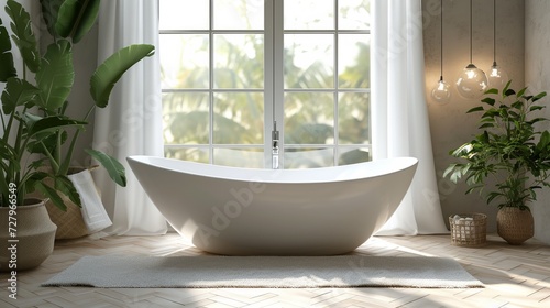 Sleek white freestanding bathtub in a serene spa-like bathroom