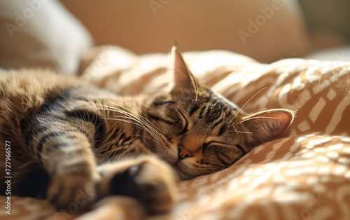 cute cat lying on the bed, soft pillow, sun beams. early morning. light. cute kitten, cat sleeping. ad for children. pet store.