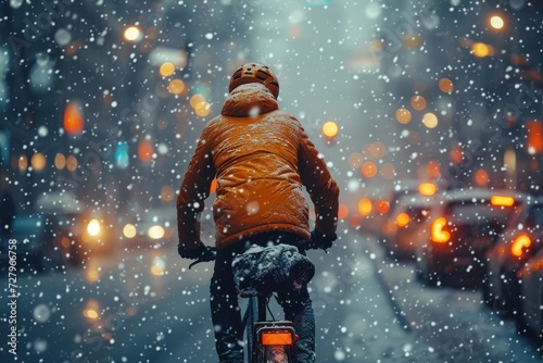 Braving the wintry landscape, a determined individual pedals through the snowy outdoors on their trusty bicycle