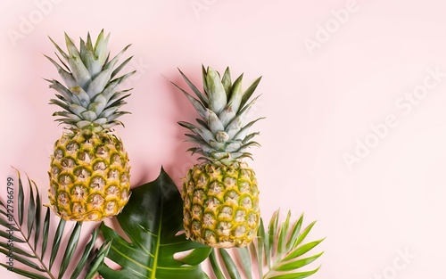 Summer composition. Tropical palm leaves  pineapple  coconut on pastel pink background