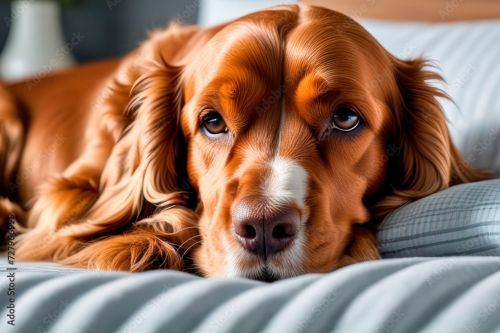 Close up portrait of a cute English cocker spaniel dog sleeping on a bed.