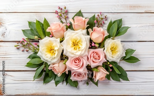Top view of wedding flowers on white wood background © Lupu