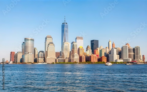 View from the water, from Hudson bay to Lower Manhattan. New York City Financial capital of America