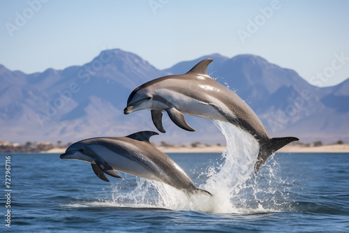 Two dolphins in the Pacific Ocean. California Sea. © Evgeniya