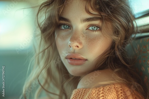 Captivating model with freckled face and flowing brown hair exudes confidence and beauty in a striking fashion portrait