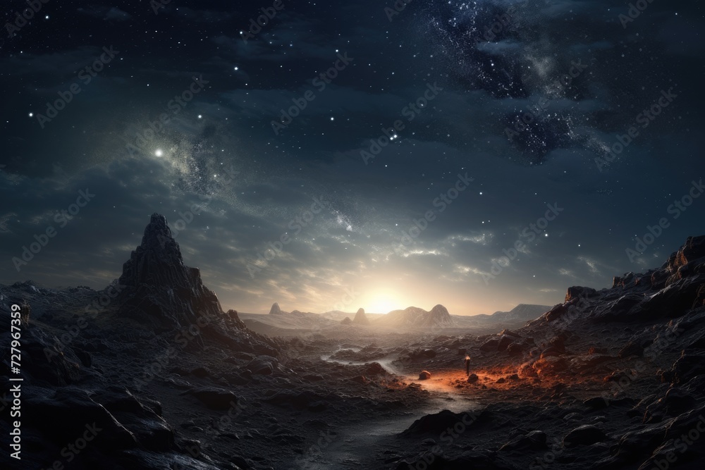 A breathtaking space scene featuring mountains and stars that illuminate the vast night sky, The Milky Way galaxy viewed from a foreign planet, AI Generated