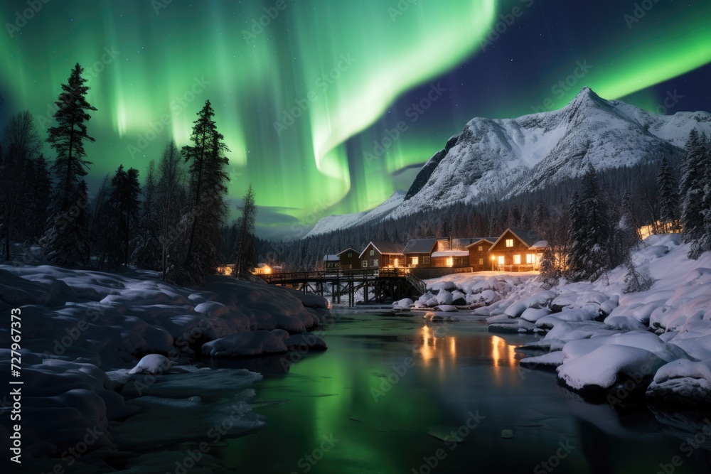 A mesmerizing display of green and purple aurora borealis lights up the night sky over a majestic snowy mountain, The northern lights glowing brightly over a quiet, snowy village, AI Generated