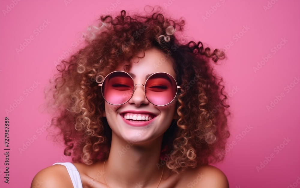 a young girl of 25 years old in pink glasses, with collected curly hair, with bright lipstick on her lips, smiling, against the backdrop of a display case with glasses, space for text 