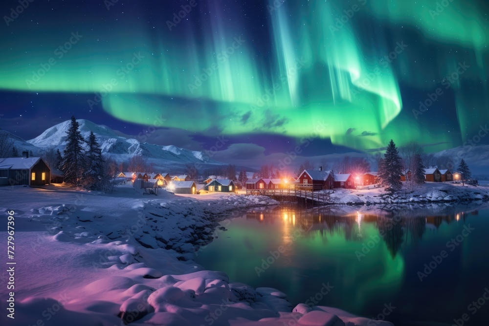 A stunning photo captures the captivating sight of an aurora borealis illuminating a small town and lake, The northern lights glowing brightly over a quiet, snowy village, AI Generated