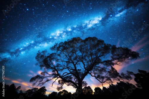 A stunning photograph capturing the beauty of a tree against a sky filled with sparkling stars, The Milky Way galaxy stretching across a night sky, AI Generated