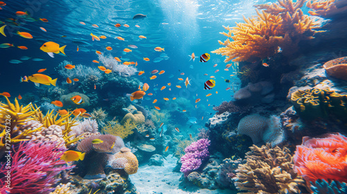 Tropical reef, underwater world showing corals and fish
