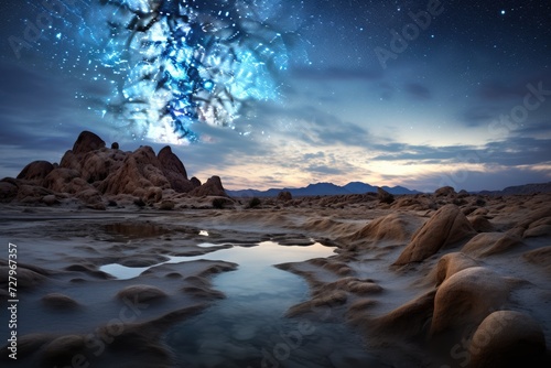 Witness the stunning beauty of a star-filled sky casting its ethereal glow over a rugged rocky landscape, The Milky Way galaxy viewed from a foreign planet, AI Generated