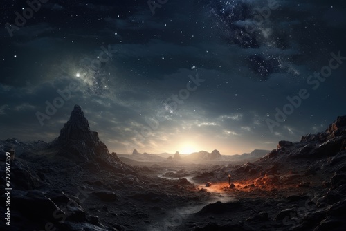 A breathtaking space scene featuring mountains and stars that illuminate the vast night sky  The Milky Way galaxy viewed from a foreign planet  AI Generated