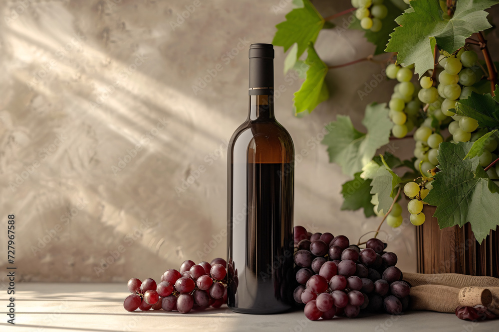Bottle of red wine with grapes and vine leaves on wooden table