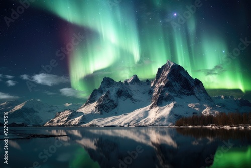 A stunning mountain landscape adorned with mesmerizing green and purple aurora lights, The northern lights over a snow-capped mountain range, AI Generated