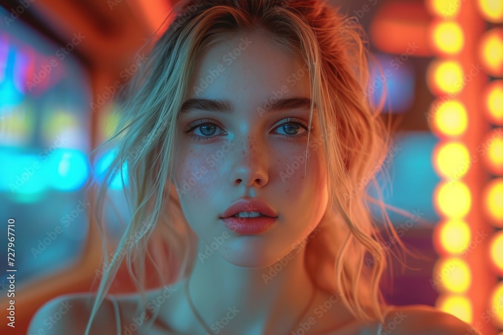 A captivating portrait of a freckled woman with long blonde hair, her delicate features accentuated by dark eyelashes and bold eyebrows, exuding confidence and natural beauty in a fashion photoshoot