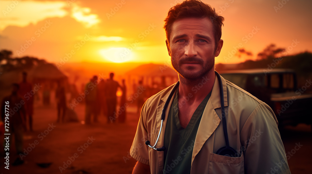 doctor with a tired face on a mission in Africa with a tribe and the sunset in the background