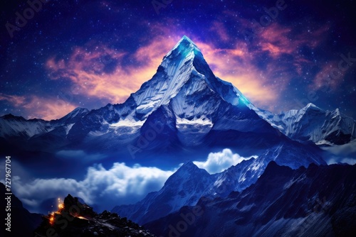 A breathtaking view of a towering mountain against a backdrop of billowing clouds, The peak of Mount Everest against a starry night sky, AI Generated