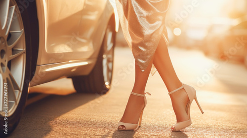 a woman in high heels near the car